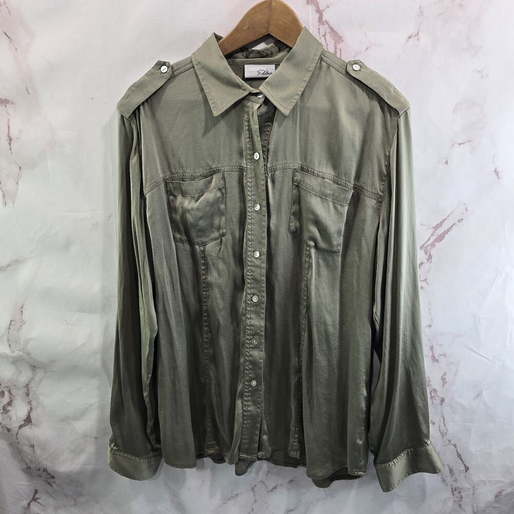 Chicos Shirt Womens Large 2 Green Silk Blouse Button Up Sage Army Olive Roll Up